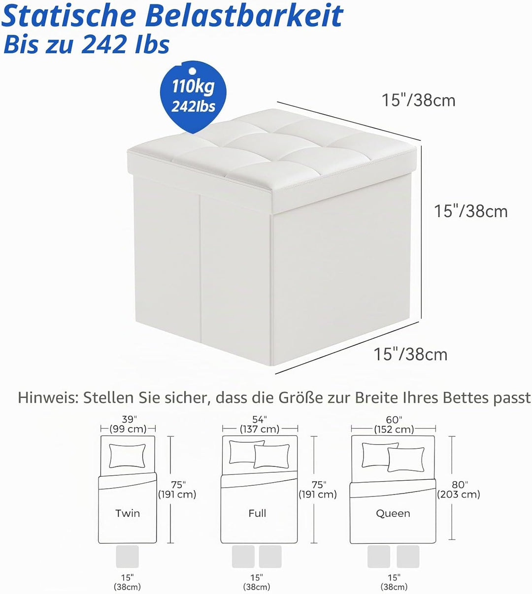 BRIAN & DANY Sitzhocker faltbar Sitzbank Kunstleder Aufbewahrungsbox mit Stauraum, Weiss, 38 x 38 x