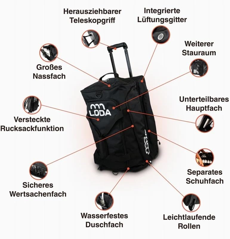 LODA - Trolley (75L) - Multifunktionale Sporttasche mit Rollen, Teleskopgriff & Rucksackfunktion - S