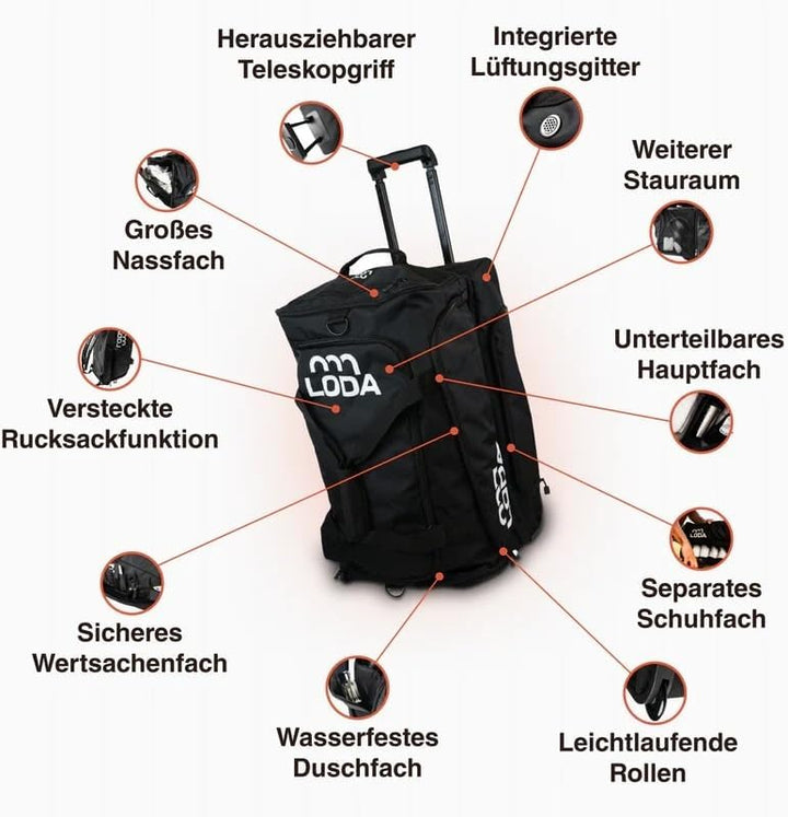 LODA - Trolley (75L) - Multifunktionale Sporttasche mit Rollen, Teleskopgriff & Rucksackfunktion - S