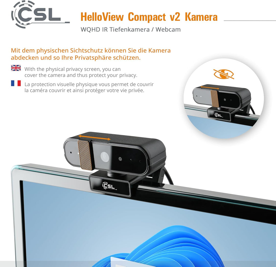 Windows Hello Kamera - CSL HelloView v2 Compact RGB-Webcam, Infrarot-Tiefenkamera, 2560x1440@30Hz, i