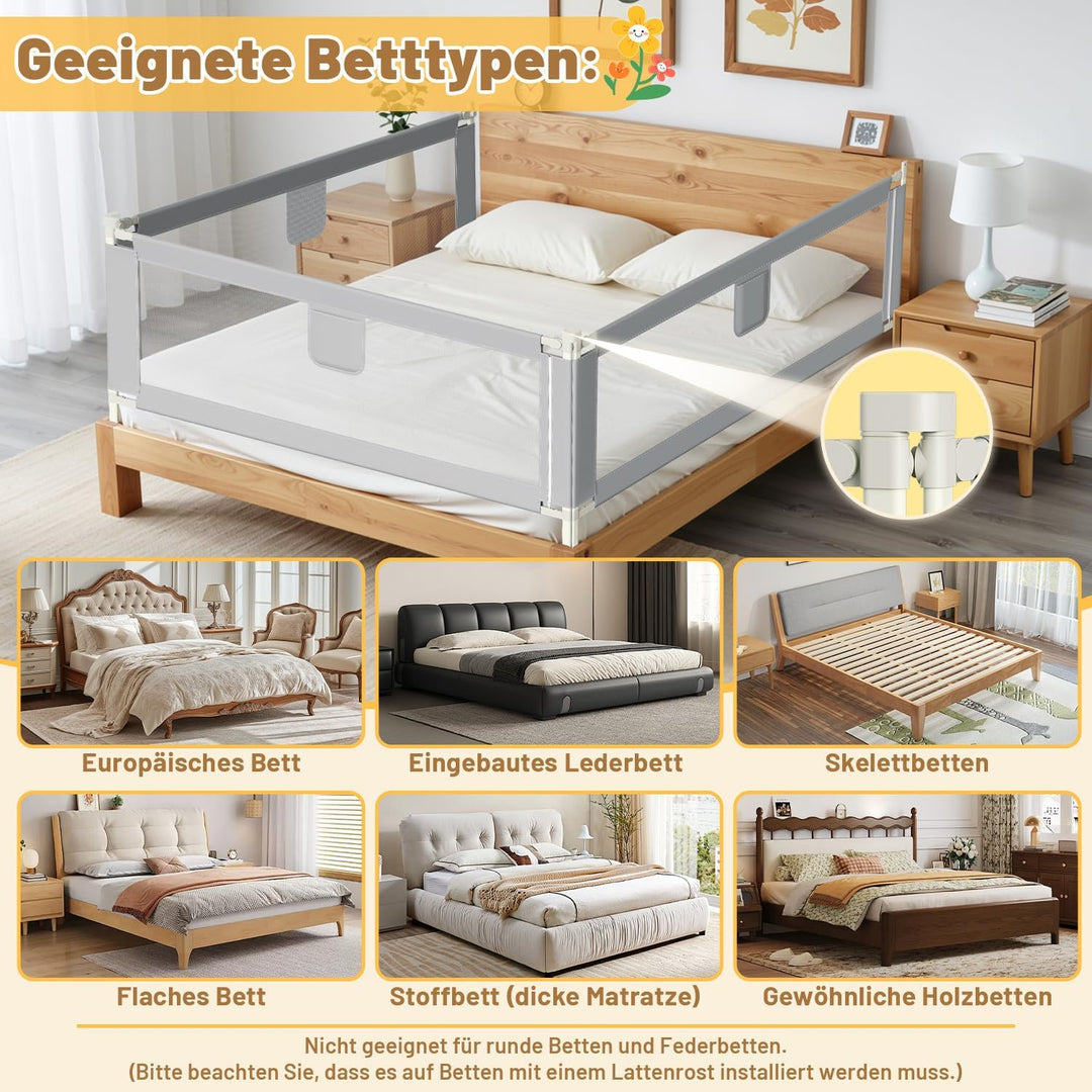 3er Bettgitter 2X200+1X180cm Bettschutzgitter Kinderbettgitter für Kinder,Rausfallschutz Boxspringbe