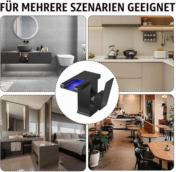 LED Lichter Bad Wasserhahn Schwarz, Wasserfall Armatur, 3 Farbe Waschbeckenarmatur, Warm- und Kaltwa