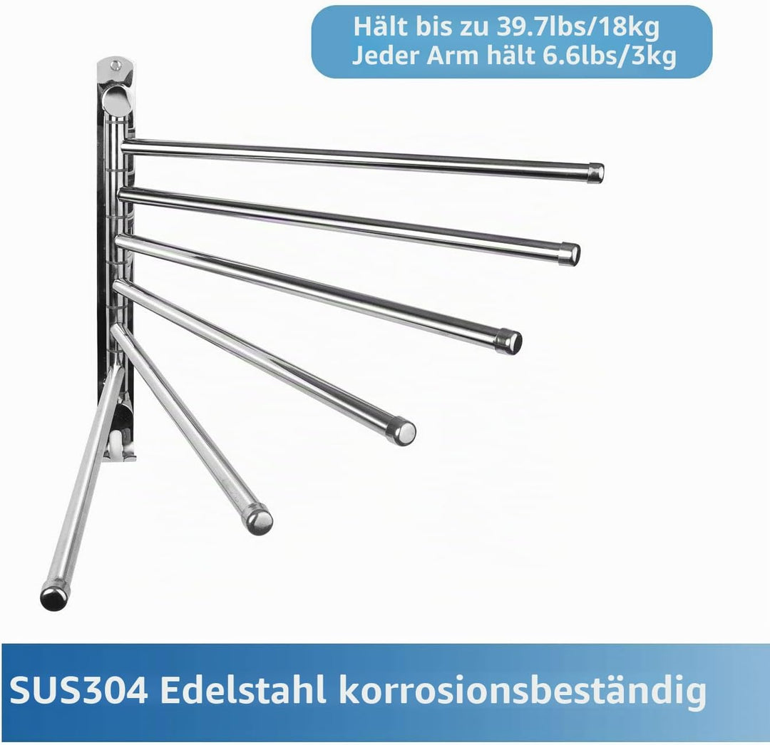 JSVER Handtuchhalter Edelstahl 180° Drehung Badetuchhalter mit 6 armig Schwenkarm Handtuchstange Wan