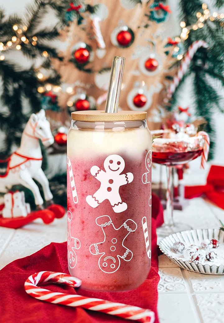 Weihnachtstassen, 550ml Weihnachtskaffee Tassen Bier Dose Glas mit Deckel und Stroh Weihnachten Lebk