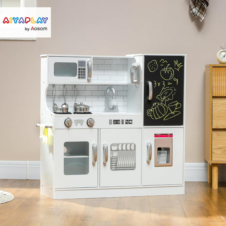 AIYAPLAY Kinderküche Spielküche mit Spielzeug Telefon, Kreidetafel, Mikrowelle, Herd, Spüle, Puppenk