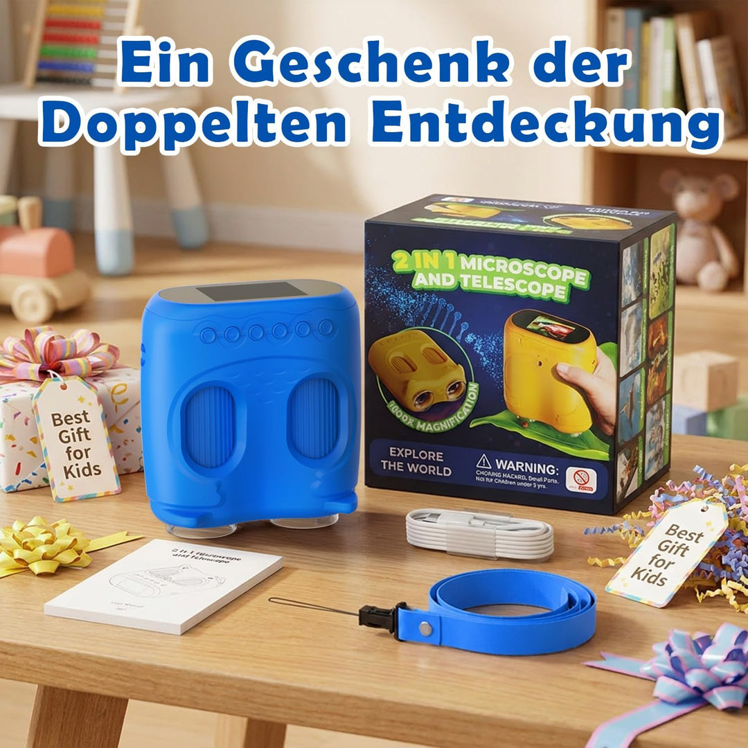 2 in 1 Digitales Kindermikroskop und Fernglas Kinder, 2,0" IPS HD Taschenmikroskop, 10x Vergrösserun