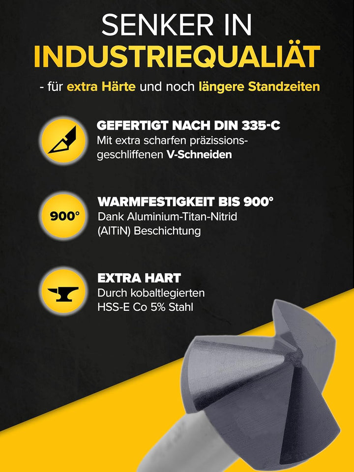 Kegelsenker Set AlTiN - Industrie Qualität - 90° Ø 6,3-20,5 mm - extra harter HSS E Co 5 mit Beschic