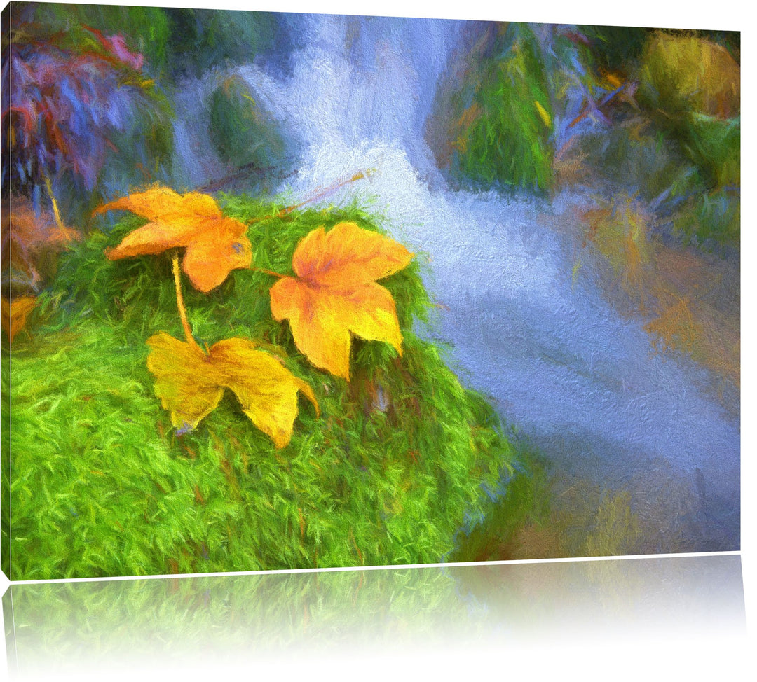 Pixxprint Herbstblätter am Wasserfall Bunstift Effekt, Format: 100x70 auf Leinwand, XXL riesige Bild
