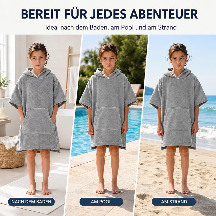 Badeponcho Kinder aus - Saugstarker Bademantel Kinder Frottee mit Kapuze &amp; Tasche - Schnelltrocknend