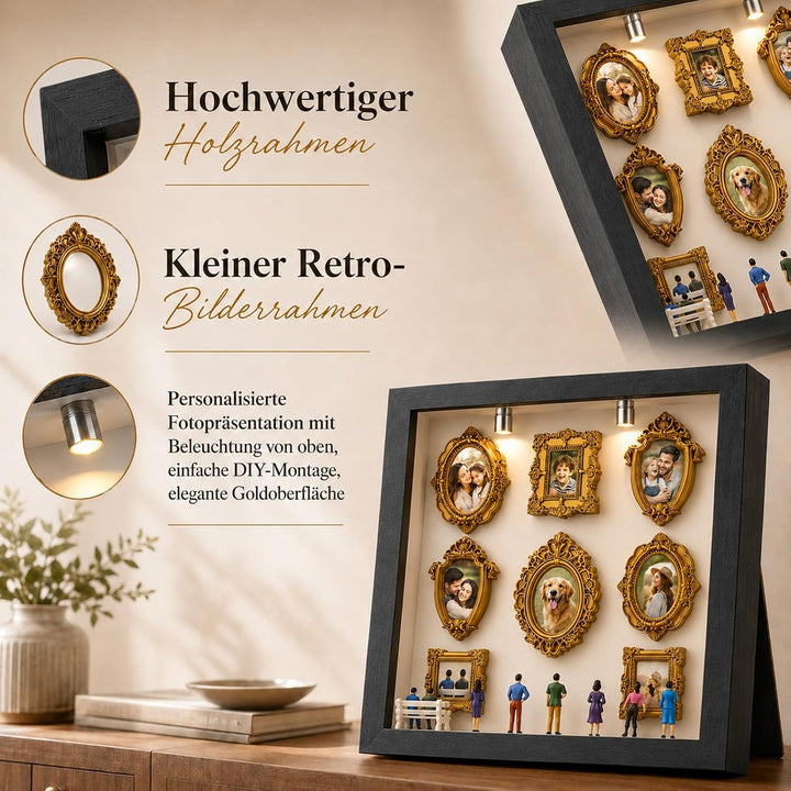 DIY Mini Museum Silhouette Box Set mit LED Licht – 8 Goldene Rahmen & 8 Figuren, Museum of Us, Mini