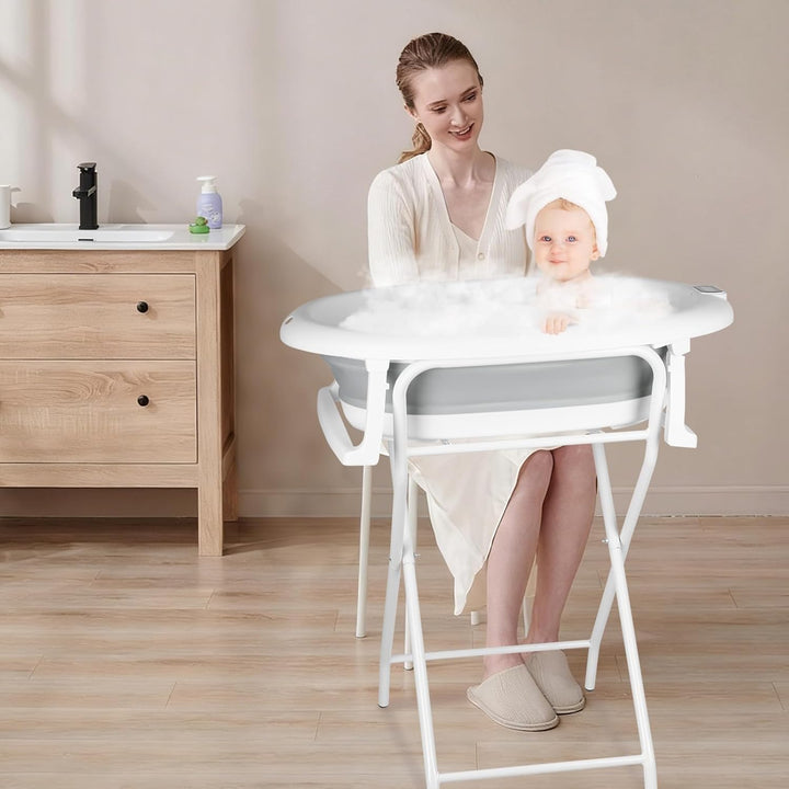 Faltbare Babybadewanne XXL mit Ständer, Sitz und Entwässerungssystem, 0-3 Jahre, 2-in-1 Babybadewann