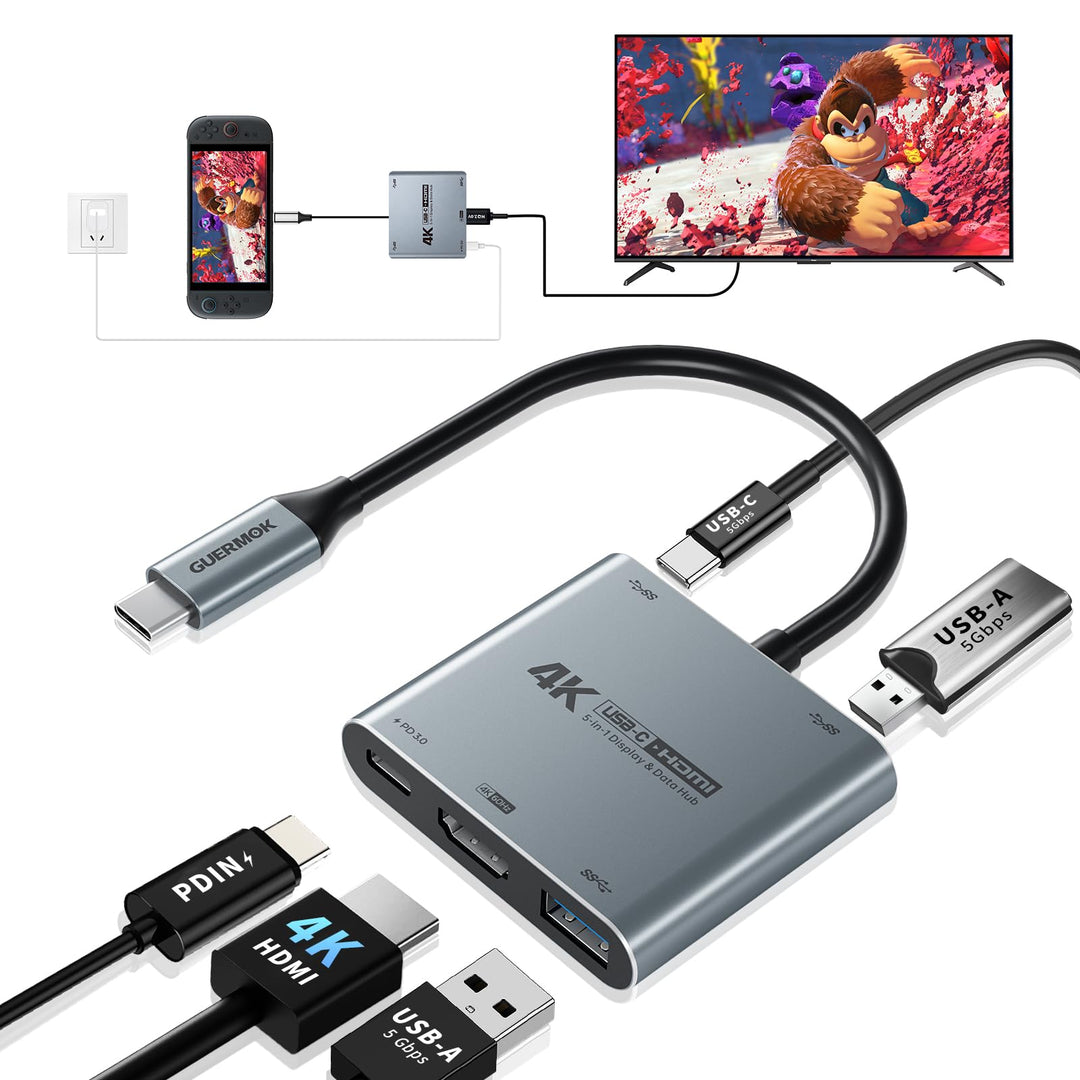 Guermok 5-in-1 USB-C Hub, Switch 2 Travel Dock, USBC to HDMI 4K@60Hz Display, PD 100W, 2×USB-A 3.0 5