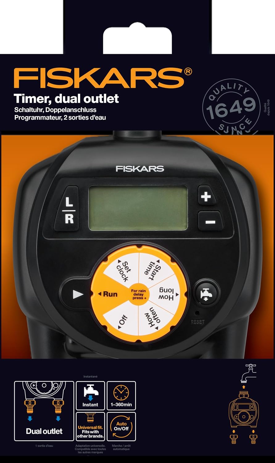 Fiskars Zeitschaltuhr/Timer mit 2 Ausgängen, Für alle gängigen Wasserhahngrössen, Leicht ablesbares