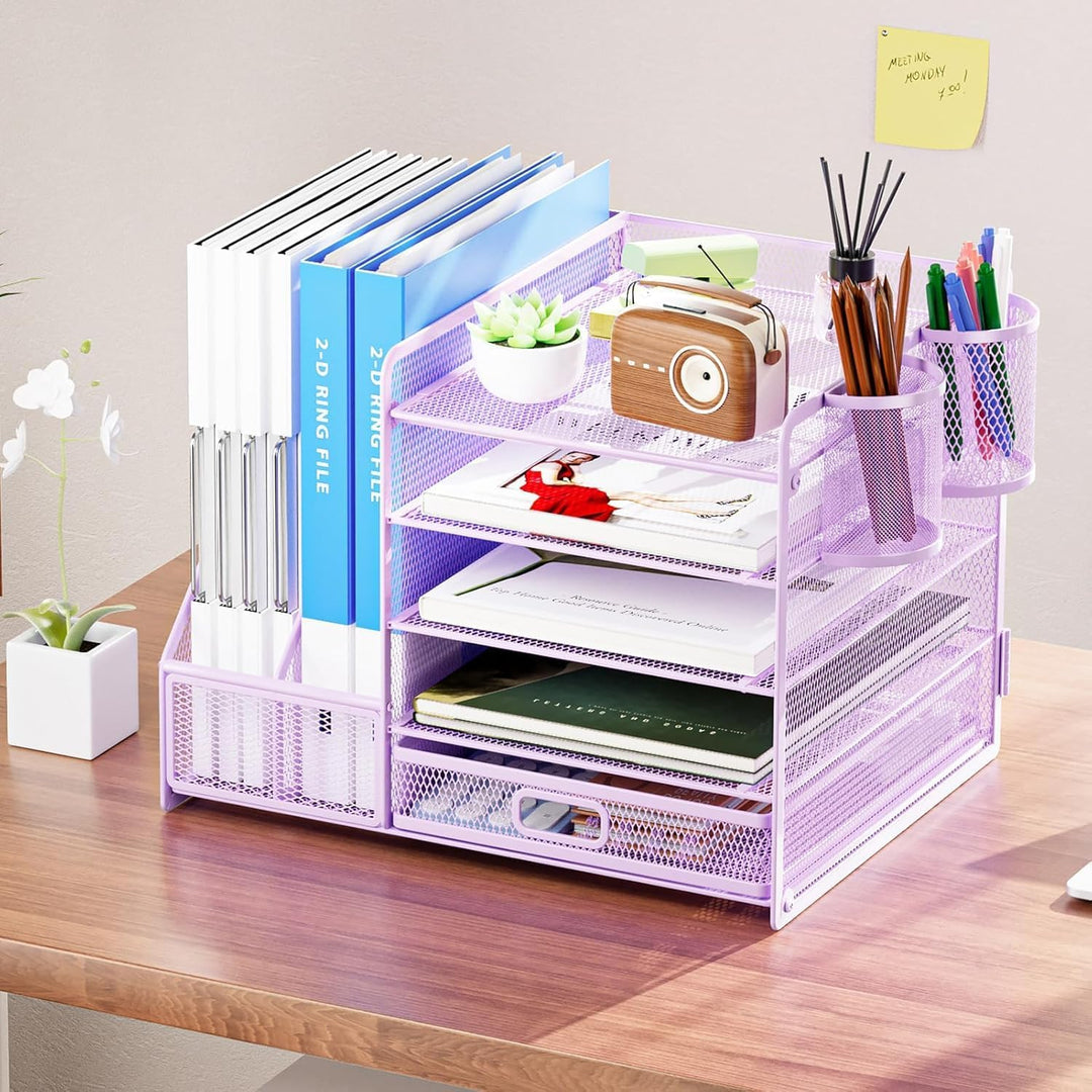 Marbrasse Schreibtisch Organizer mit Aktenhalter, 5 Ebenen Papier Briefablage mit Schublade und 2 St