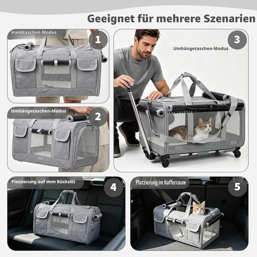 PETCUTE Transporttasche für Katze mit Rollen,Atmungsaktiv Katzen Transporttasche für 2 Katzen,Faltba