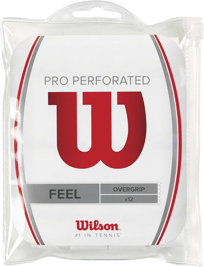 Wilson Unisex Griffband Pro Overgrip Perforated Weiss 12 Stück Bundle mit Logo-Vibrationsdämpfer, We