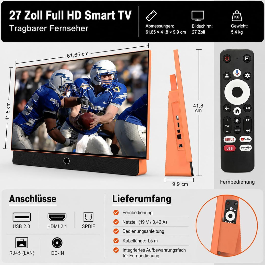 OFD Portable Smart TV 27 Zoll,Outdoor Fernseher 1080P Android14 OS,8Ω Dolby Audio,100% sRGB,WiFi-Unt