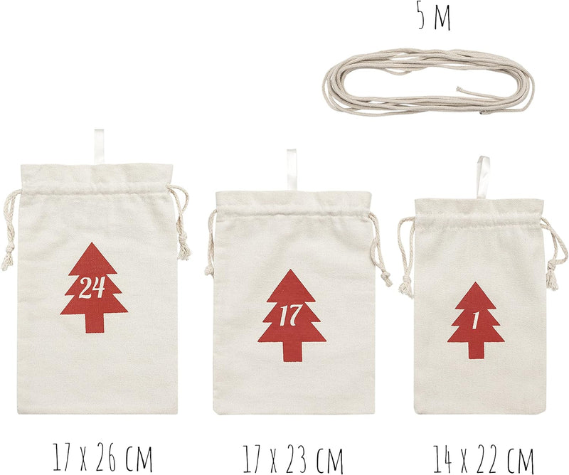 Adventskalender Säckchen aus Baumwolle 2022 zum Befüllen mit 3 unterschiedlich grossen Taschen - Jet