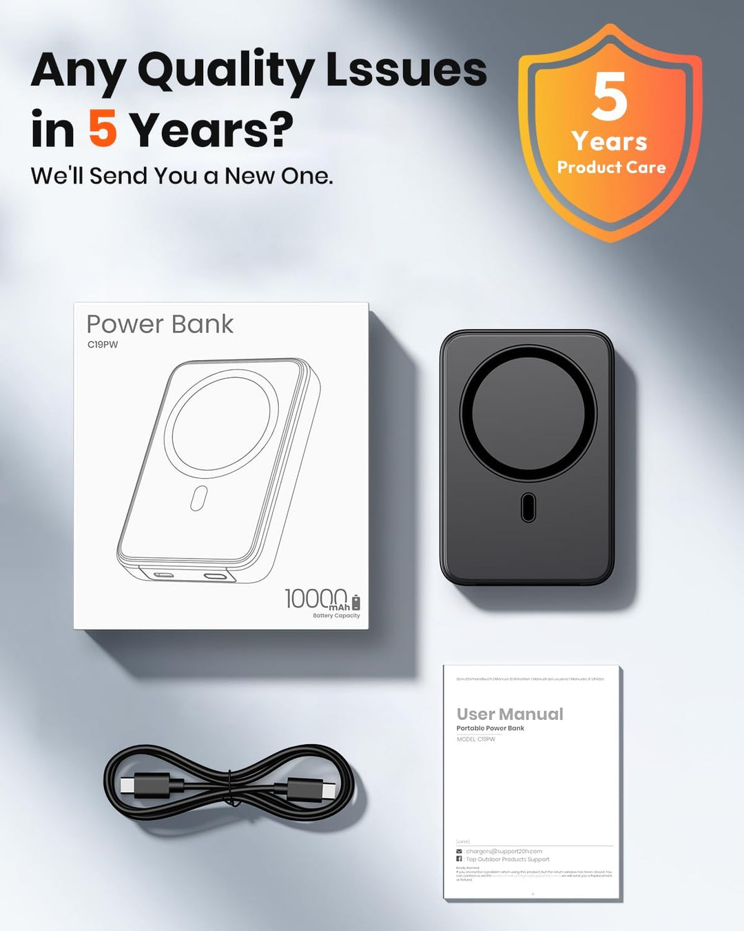 A ADDTOP-Magnetische-Power-Bank-10000mAh - PD 20W Schnelllade Powerbank with USB-C In&Out, Slim Wire