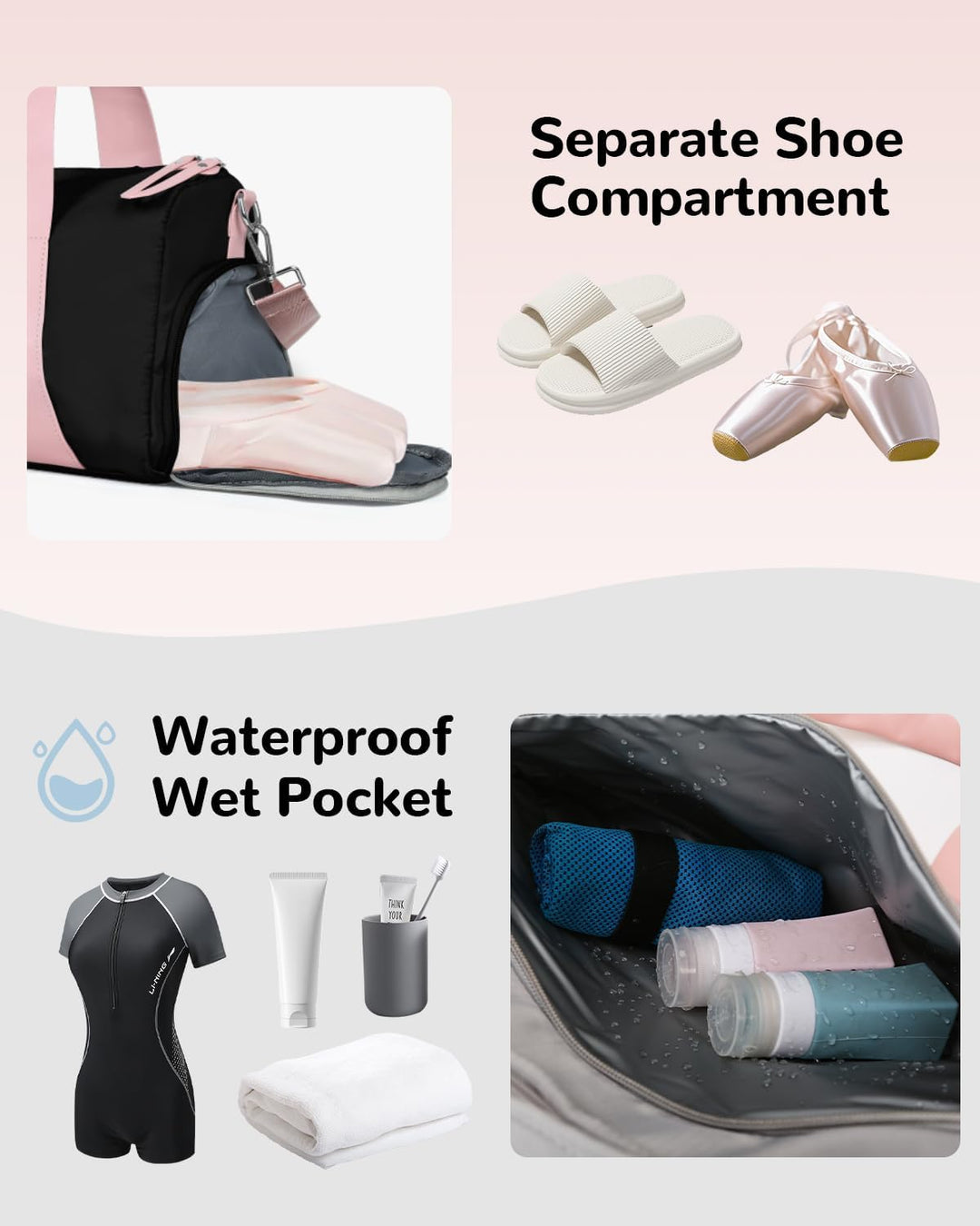 15L Sporttasche Damen, Klein Reisetasche mit Schuhfach &amp; Nassfach, Balletttasche Mädchen für Fitness