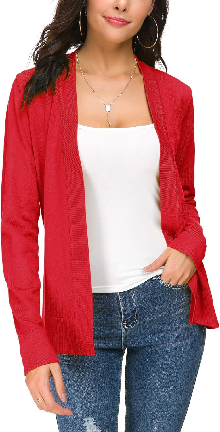 Damen Elegant Casual Strickjacke Solid Langarm Cardigan Leicht Gestrickt Blazer Rot M, Rot M
