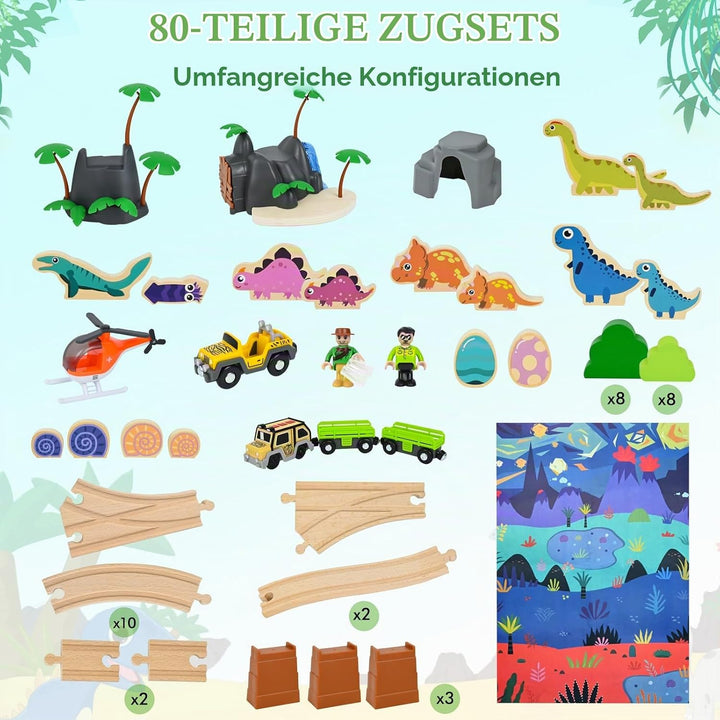 Holzeisenbahn Set, Dino Bahn Schienen mit Zug, Schnecke, Dinosaurier und Dinosaurier-Eiern, Eisenbah
