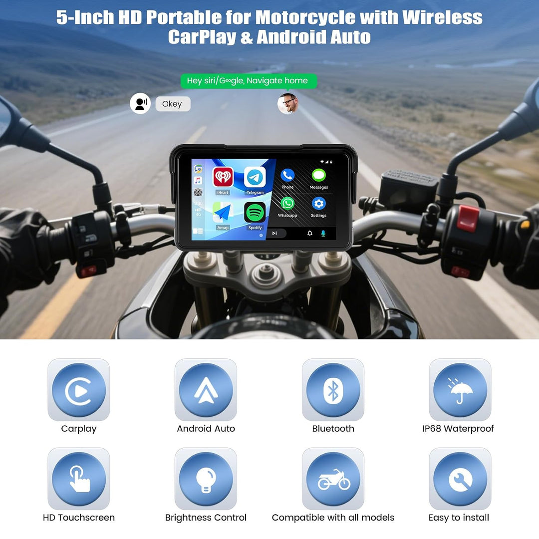 SIXWIN Motorrad Carplay Bildschirm für Moto mit Wireless Carplay Android Auto, 5 Zoll HD Touchscreen