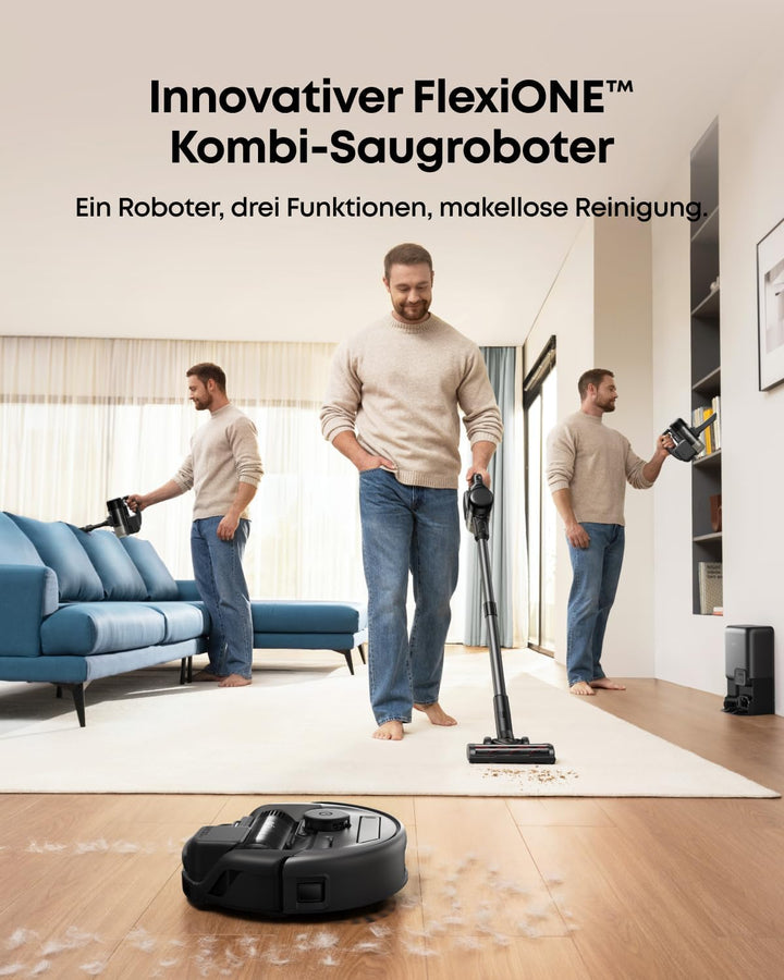 eufy Saugroboter 3-in-1 E20, Kombi-Design Stabstaubsauger, Auto-Entleerung aller Geräte, Max. 30.000