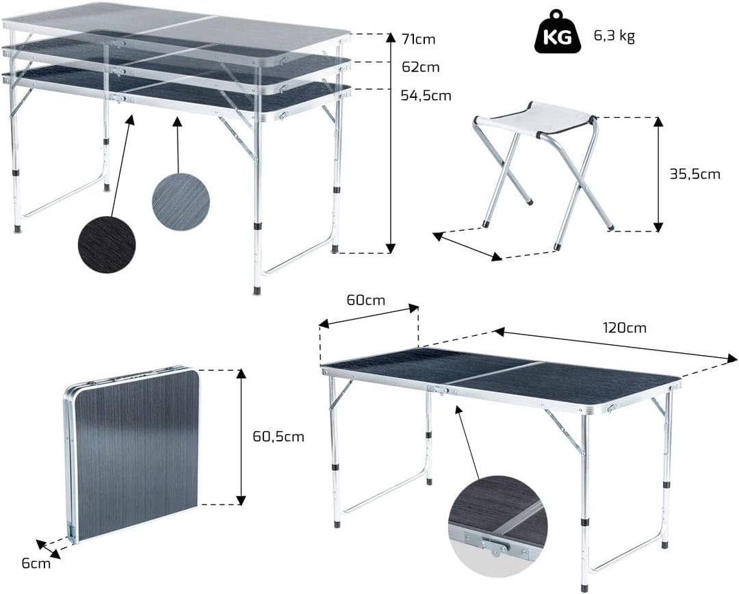 Campingtisch mit 4 stühlen, Höhe Tragbarer Klappbar Grilltisch 120 x 60 cm Tragegriff, Aluminium Kla