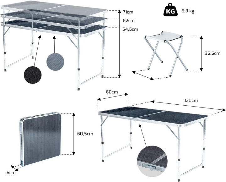 Campingtisch mit 4 stühlen, Höhe Tragbarer Klappbar Grilltisch 120 x 60 cm Tragegriff, Aluminium Kla
