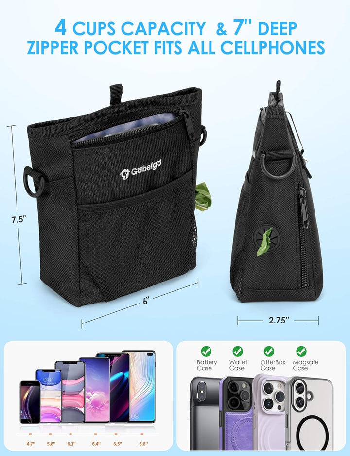 Gobeigo Hundeleckerli Tasche mit Silikon Snack Beutel, Fronttasche für alle Handys, 4 Tassen Leckerl