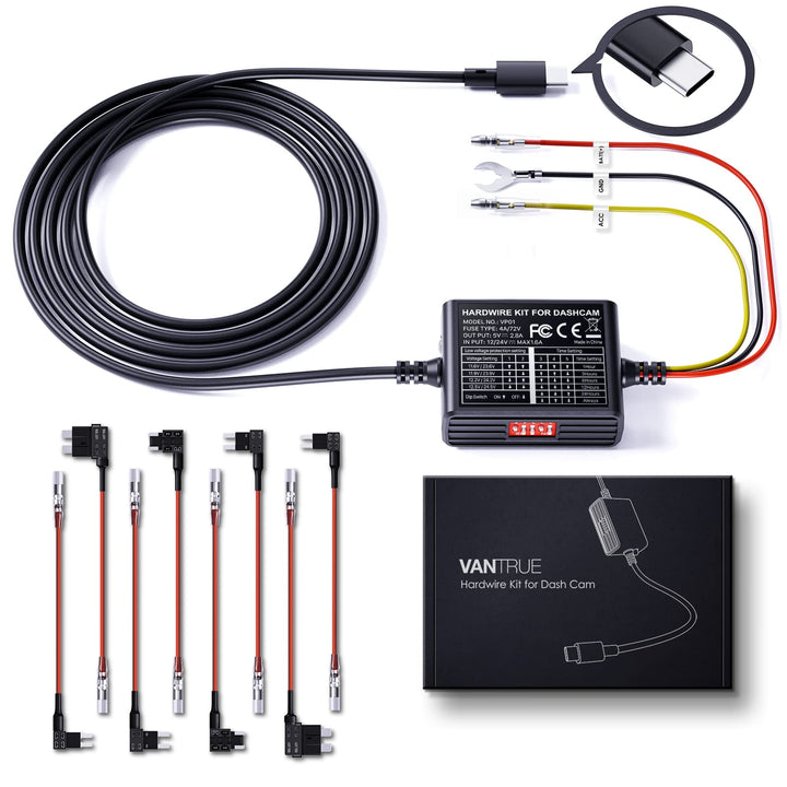 VANTRUE Shifting Gear 11,5 Ft USB-C 12V-24V bis 5V Dashcam Hardwire Kit mit Sicherungshaltern, Niede