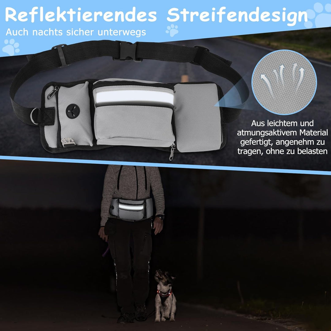 Leckerlibeutel Hundetraining, Robuste Bauchtasche mit Kotbeutelspender, Flaschenhalter, Reflektor &