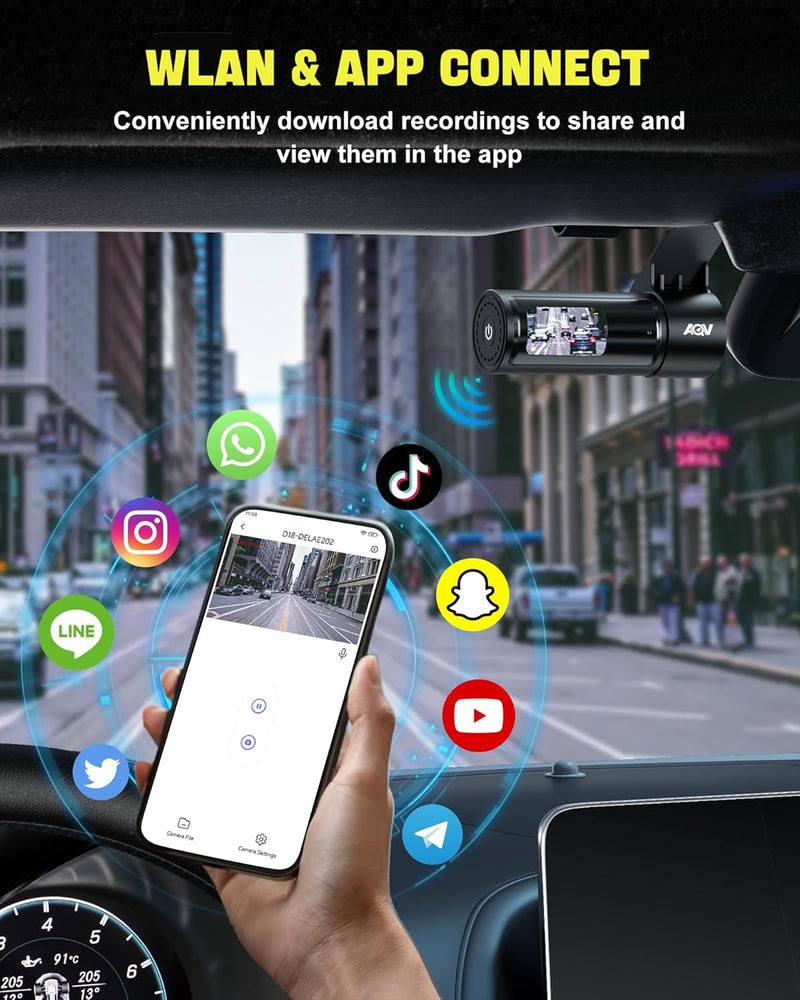 AQV Dashcam Auto Vorne Hinten 4K WiFi Autokamera mit 64GB SD Karte, Loop-Aufnahme, G-Sensor, APP Ste