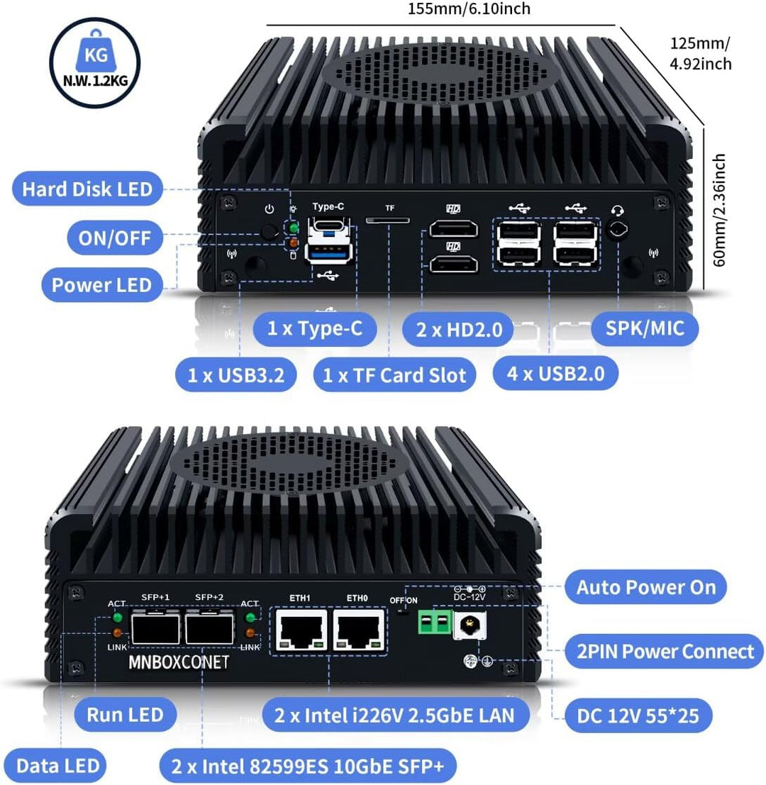S2 Mini PC N150 10GBE SFP+, Firewall Appliance Micro Büro Hardware, DDR5 8GB RAM 128GB SSD, 2xi226V