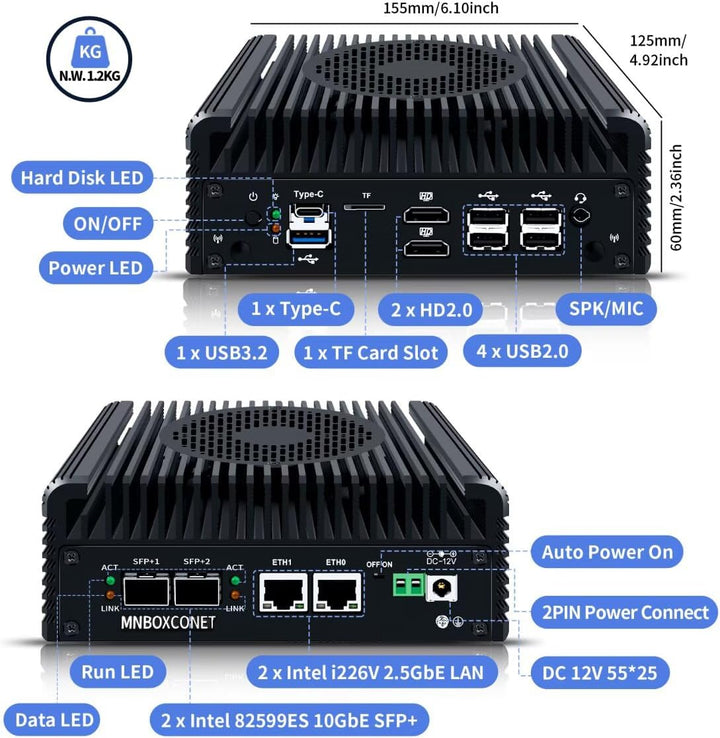 S2 Mini PC N150 10GBE SFP+, Firewall Appliance Micro Büro Hardware, DDR5 8GB RAM 128GB SSD, 2xi226V