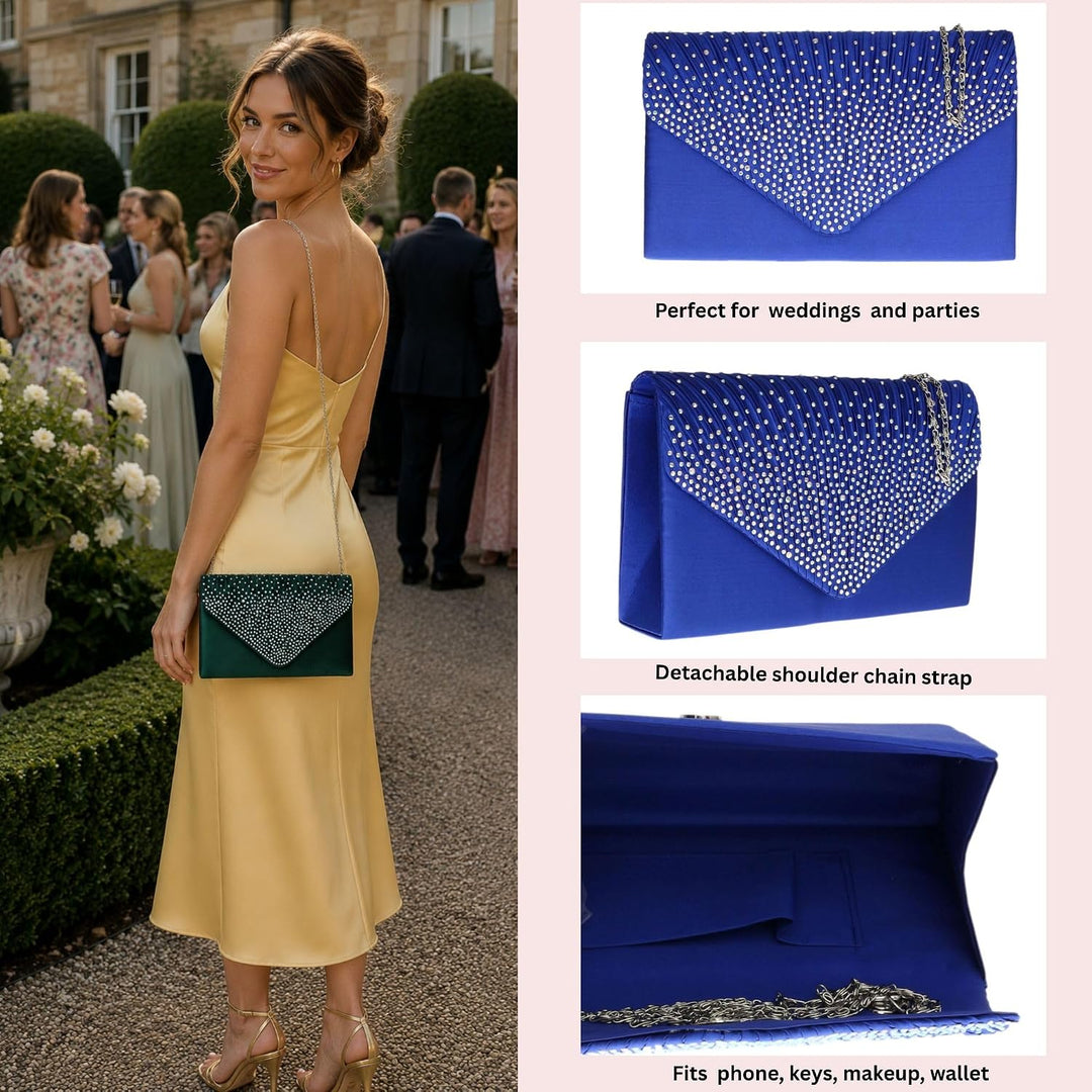 Girly Handbags Plissee-Clutch aus Satin mit Diamant-Schulterkette, eleganter Abschlussball, Hochzeit