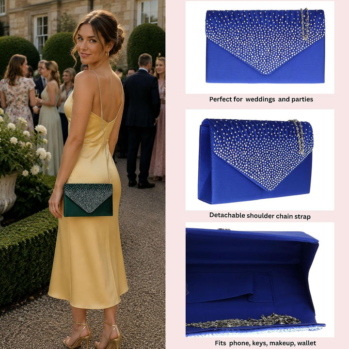Girly Handbags Plissee-Clutch aus Satin mit Diamant-Schulterkette, eleganter Abschlussball, Hochzeit