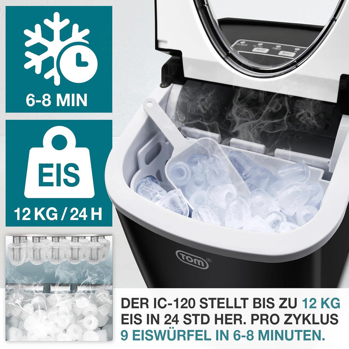 TOM Eiswürfelmaschine – 9 Eiswürfel in 6-8 min – 12 kg/24 h – 2 Würfelgrössen – Ice maker Eiswürfelm