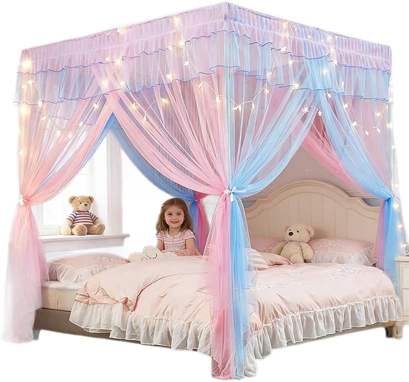 YOUYIKE Betthimmel Mädchen, 200x150x200cm Rosa Blau Zweifarbiger Moskitonetz mit LED Warmweiss Licht