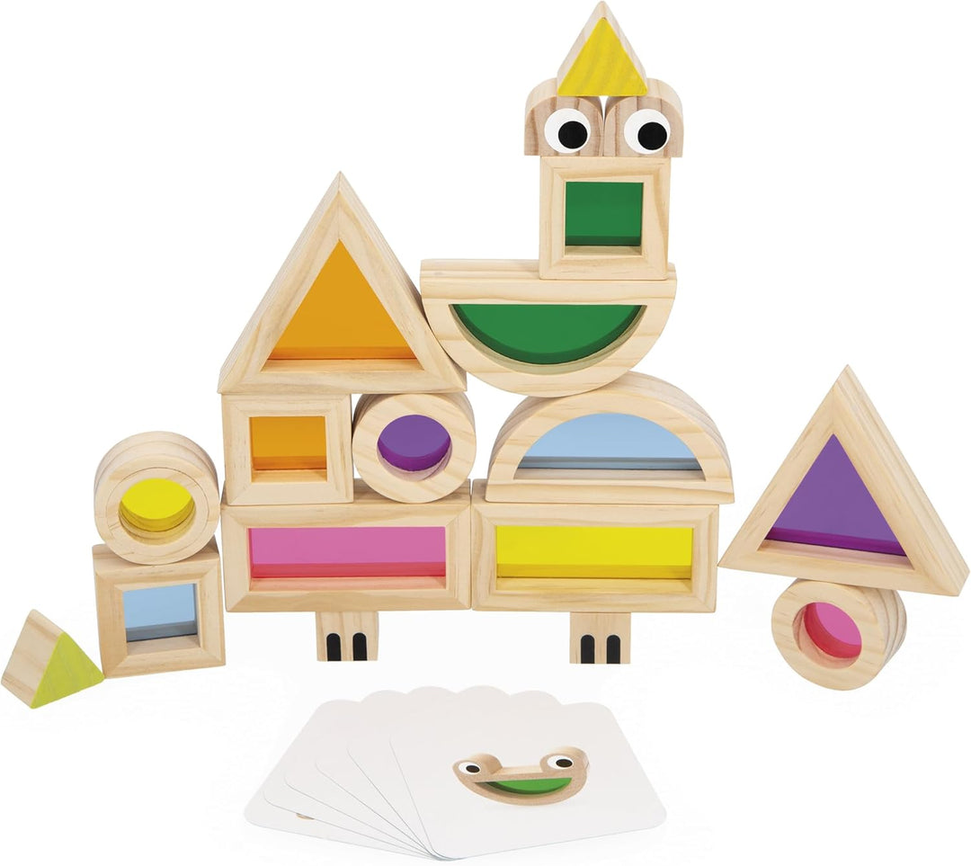 Janod J05306 Holzblock zum Zusammenbauen-Spiel zur Förderung der Sinneswahrnehmung-18 Blöcke und 6 M