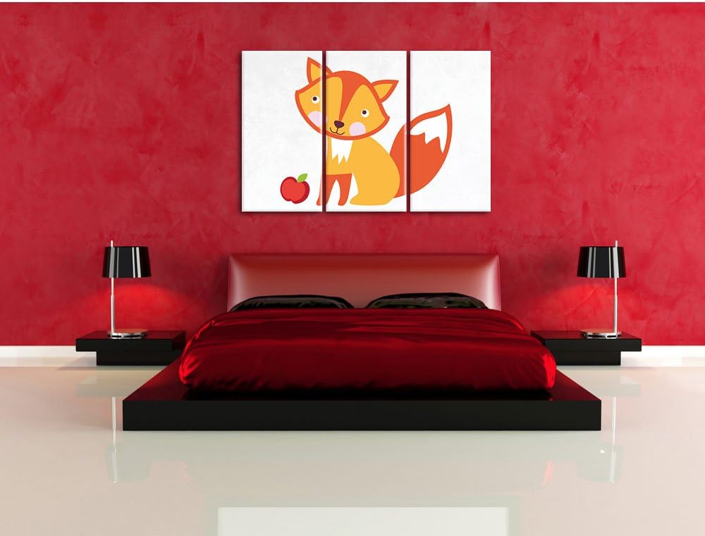 Pixxprint Niedlicher Fuchs mit Apfels als Leinwandbild/Grösse: 3 Teilig (120x80) cm/Wandbild/Kunstdr