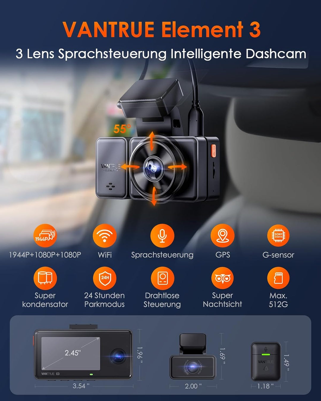 VANTRUE E3 3 Lens Dashcam 5GHz WiFi mit Sprachsteuerung , 1944P + dual 1080P Vorne Hinten Auto Kamer