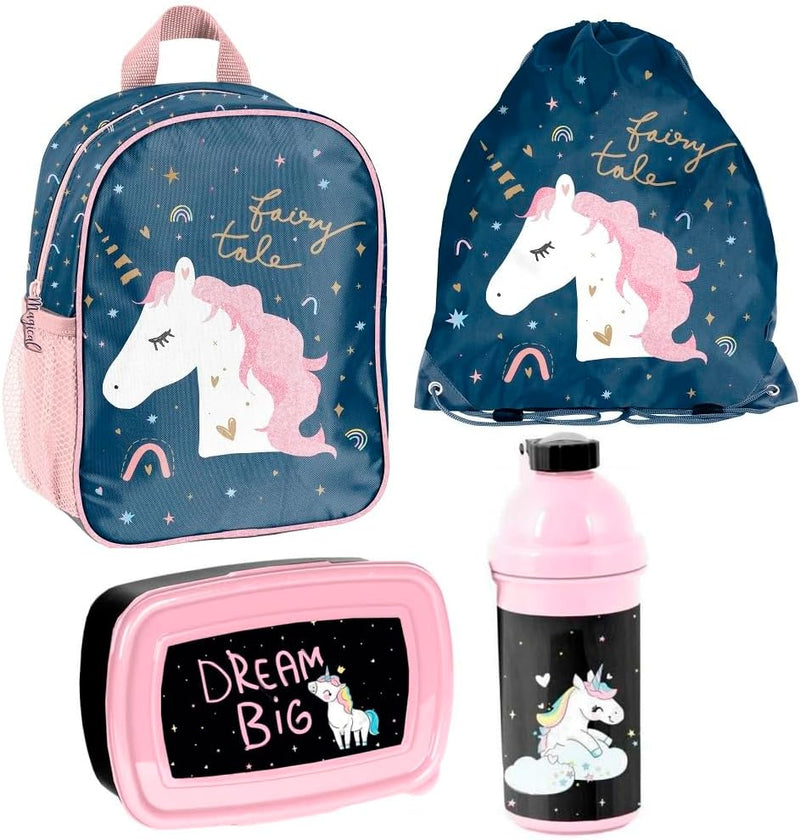 Unicorn Einhorn Kindergarten-Rucksack Set 4tlg. mit Brotdose, Trinkflasche und Turnbeutel Be