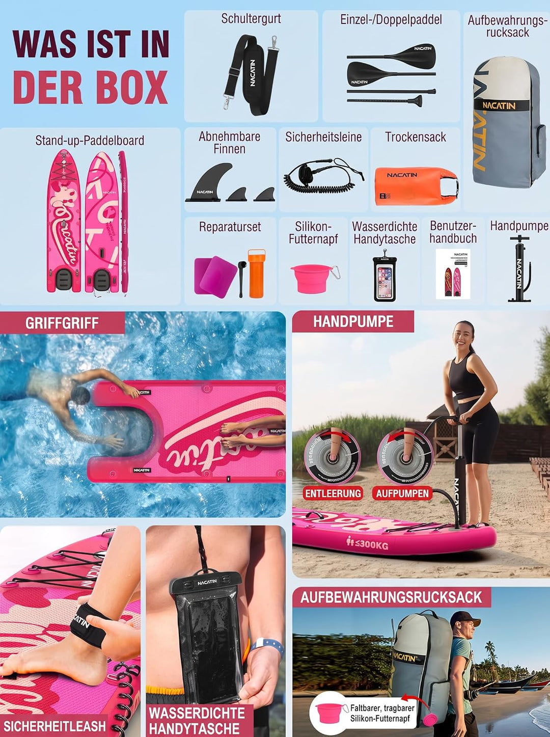 NACATIN 366cm (12ft) aufblasbares SUP Board mit Hunderampe, breites 91cm (36in) Stand Up Paddling Bo