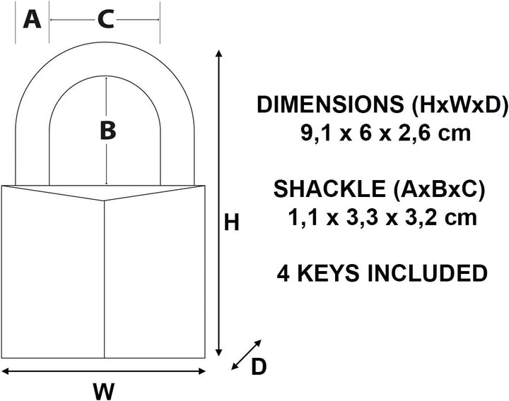 MASTER LOCK 1165EURD VORHÄNGESCHLOSS 60MM VOLLMESSING HEXAGONALER BÜGEL 9,1 x 6 x 2,6 cm, 9,1 x 6 x