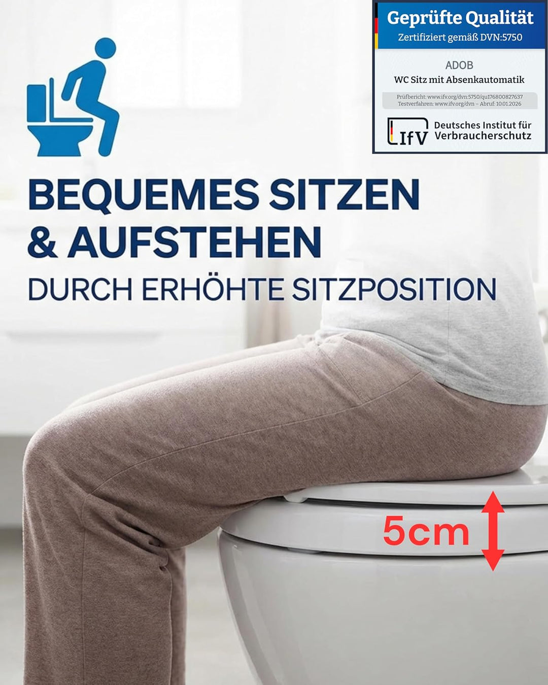 Novara Plus Duroplast WC Sitz Erhöhung 5 cm mit Absenkautomatik, bis 250 kg belastbar, bequem Sitzen