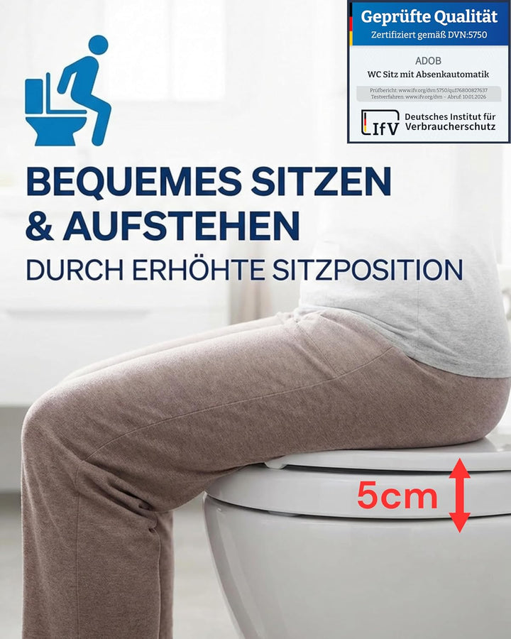Novara Plus Duroplast WC Sitz Erhöhung 5 cm mit Absenkautomatik, bis 250 kg belastbar, bequem Sitzen