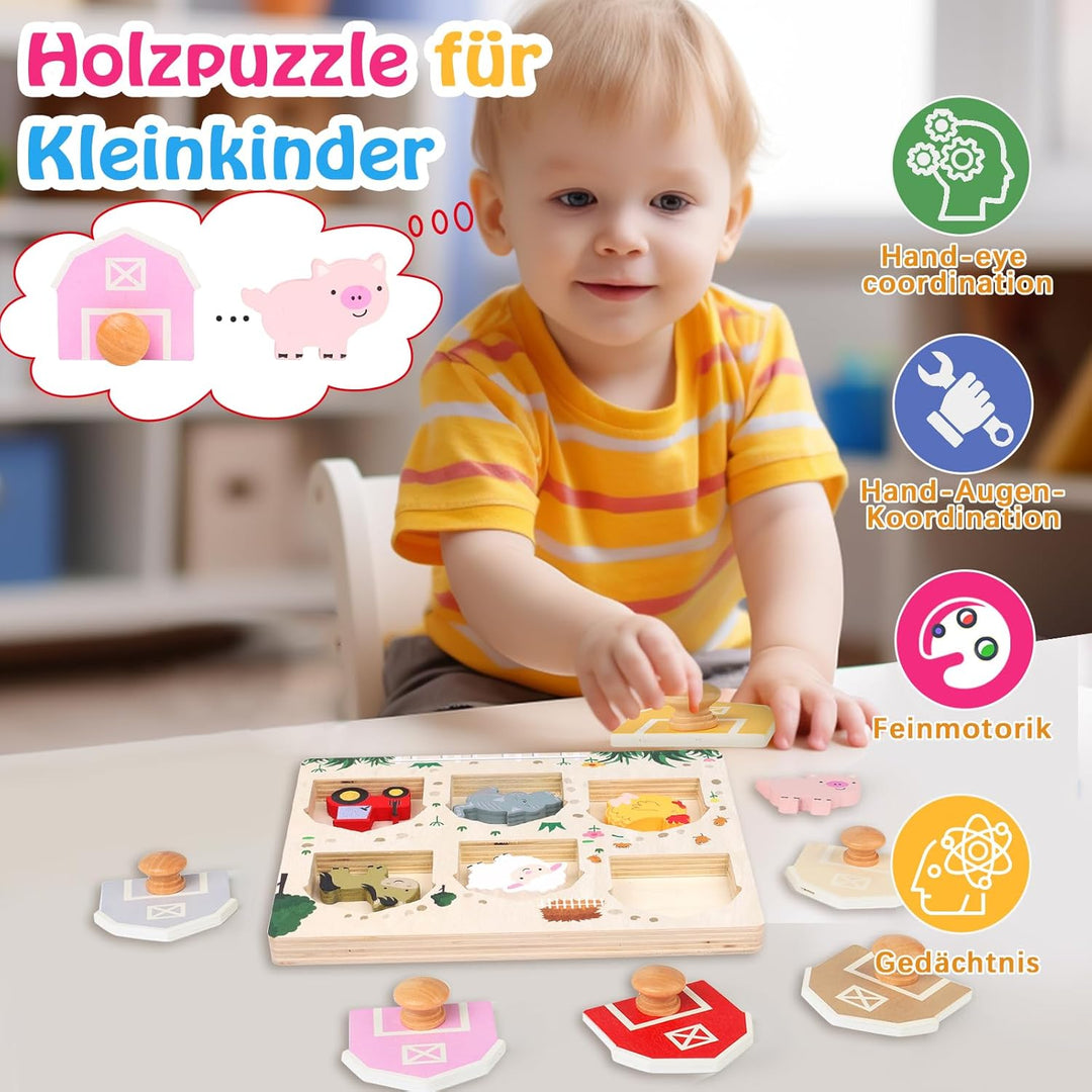 Nabance Holzpuzzle ab 1 Jahr Bauernhof Tier Puzzles Steckpuzzle Holz ab 1 2 3 Jahr Lernspielzeug Hol