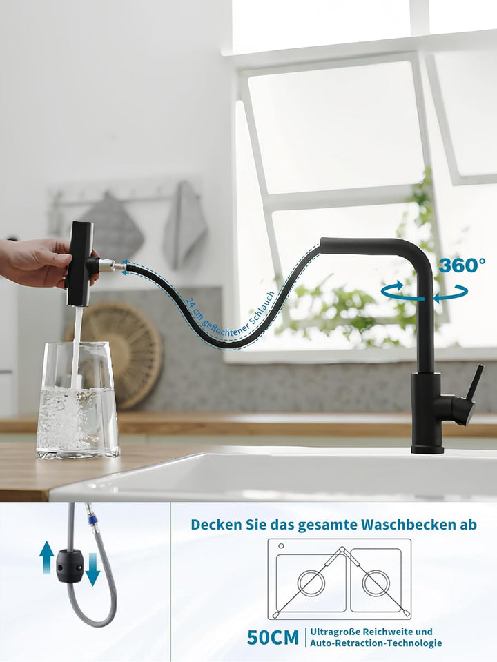 Schwarz Waterfall Wasserhahn Küche, Hochdruck Küchenarmatur Ausziehbar mit Brause, 360° Drehbar Misc